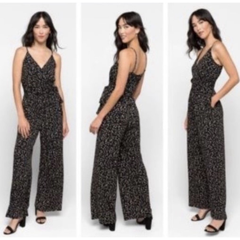 Vtg 80s Kaileigh Rochelle Wide Leg Jumpsuit LP Black Ivory Side Tie Boho Party